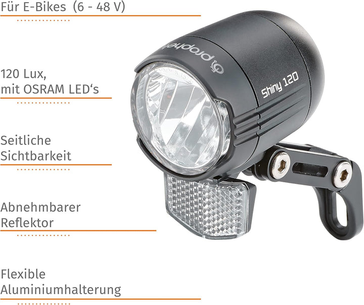 Prophete LED-Scheinwerfer 120 Lux | Fahrradbeleuchtung | Aluminium | OSRAM LEDs | für E-Bike (6-48 V