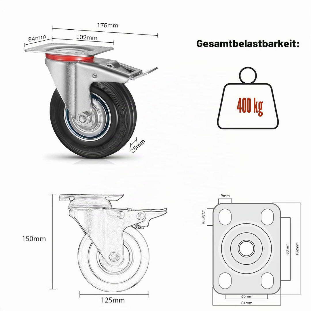 8 Stück Schwerlastrollen 125 mm Lenkrollen Transportrollen mit Feststeller, belastbar bis 400 kg Pal