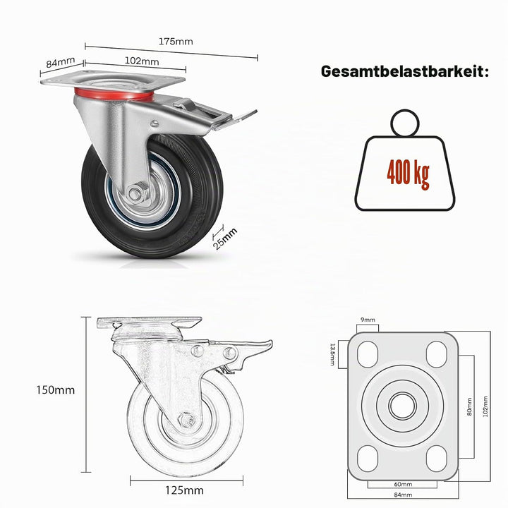 8 Stück Schwerlastrollen 125 mm Lenkrollen Transportrollen mit Feststeller, belastbar bis 400 kg Pal