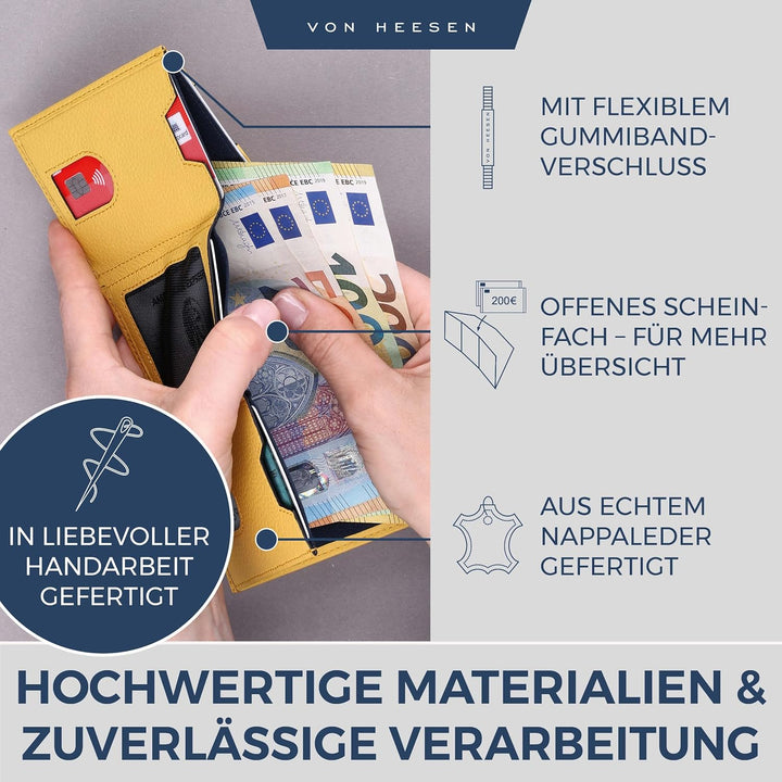 VON HEESEN Slim Wallet mit XL Münzfach & RFID-Schutz - Leder Geldbeutel - Mini Geldbörse für Herren