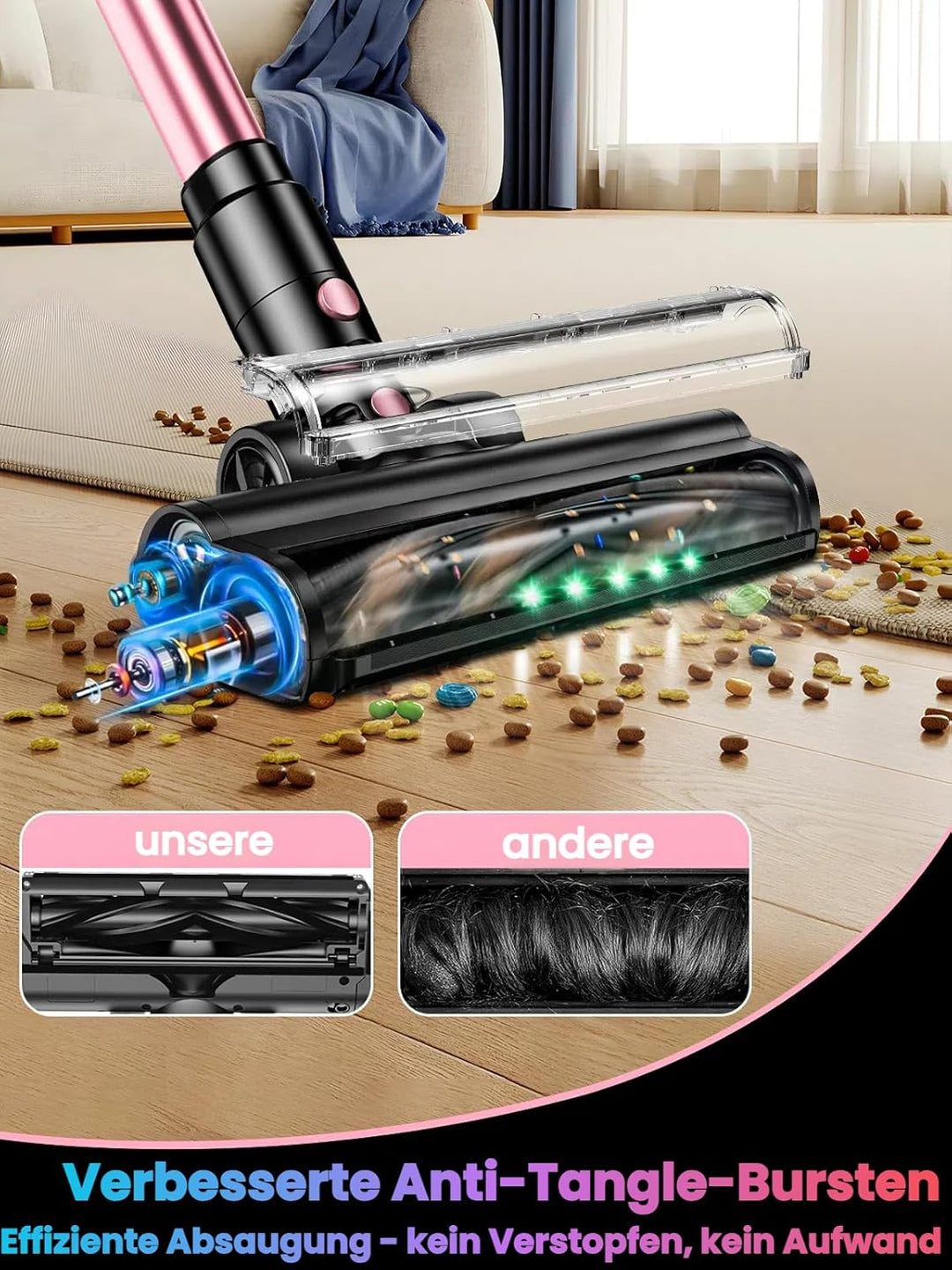 Akku Staubsauger, 45KPA/500W/45Mins Staubsauger Kabellos mit LED Display, Ausziehbarer Schlauch, Ant