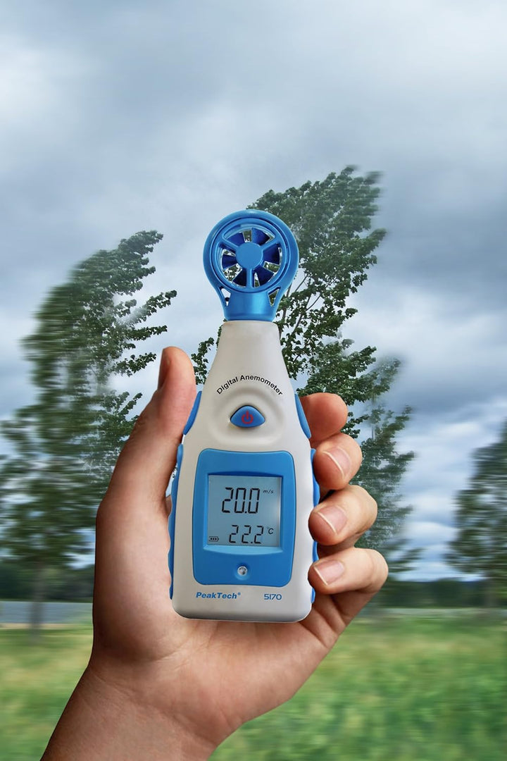 PeakTech Flügelrad Anemometer Digital, Windmessgerät für Windgeschwindigkeit in Knoten und Windchill