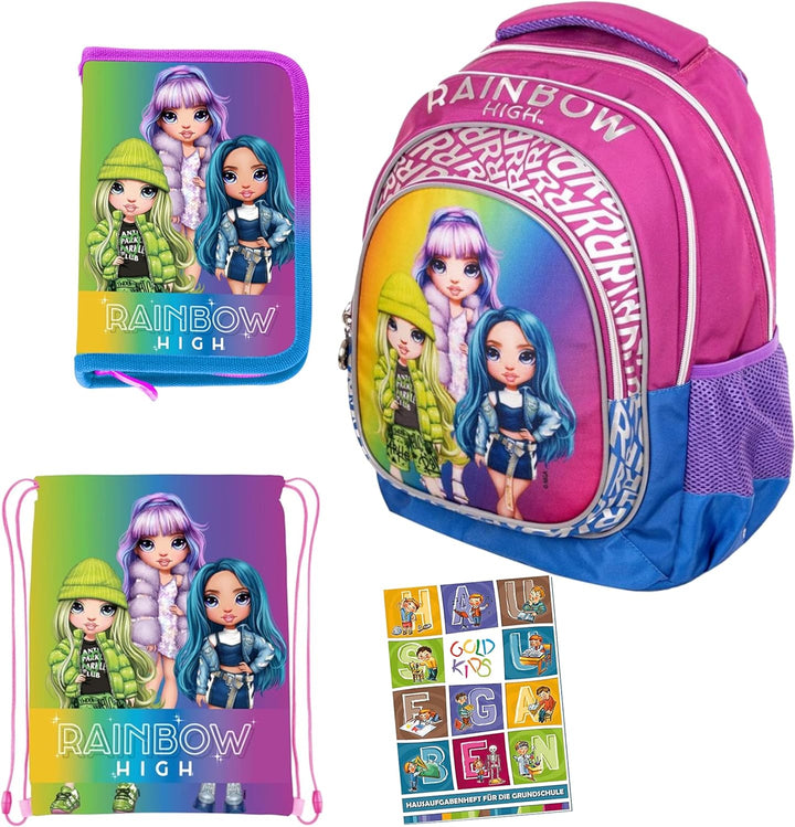 Goldkids 4er Set Schulrucksack Rucksack Federmappe Turnbeutel Aufgabenheft Rainbow High Motiv geeign