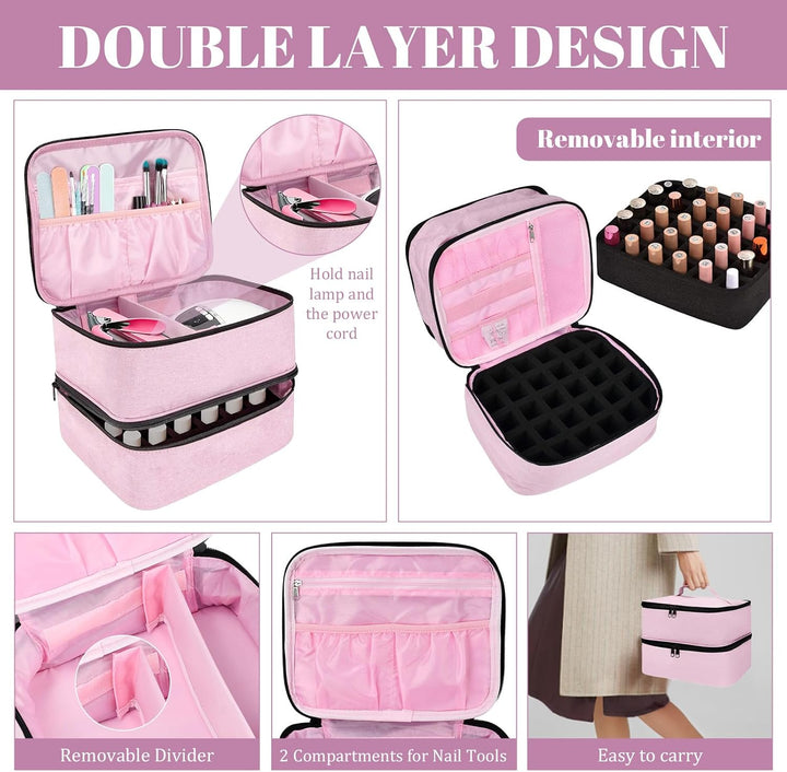 ADERTOS Nagellack Aufbewahrung Tasche Doppelschicht Rosa Nylon Kosmetiktasche Make Up Organizer für