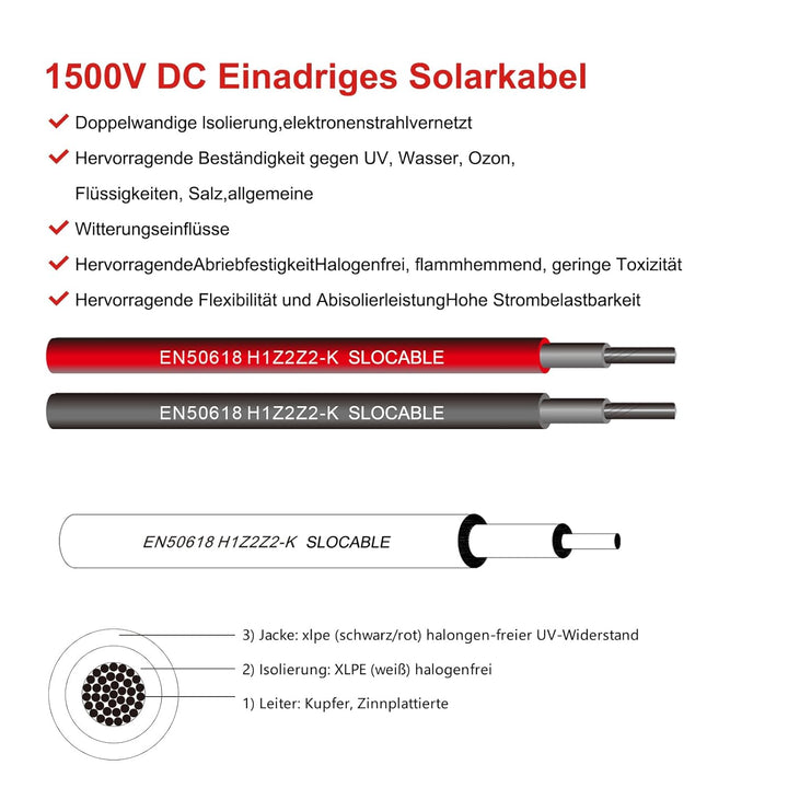 Witproton solarkabel 6mm2 12m 10AWG 1500V Solarpanel-Verlängerungskabel mit wasserdichtem IP68-Buchs