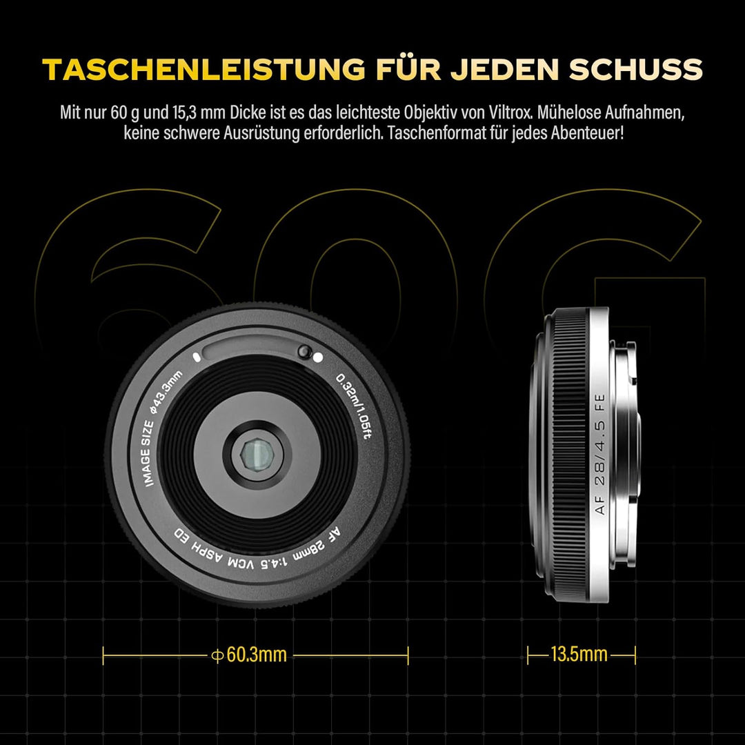 VILTROX 28mm F4.5 Ultradünn Pfannkuchen-Objektiv E-Mount Autofokus 28 mm f/4.5 FE Chip-Grösse Full F