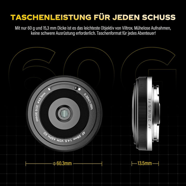 VILTROX 28mm F4.5 Ultradünn Pfannkuchen-Objektiv E-Mount Autofokus 28 mm f/4.5 FE Chip-Grösse Full F