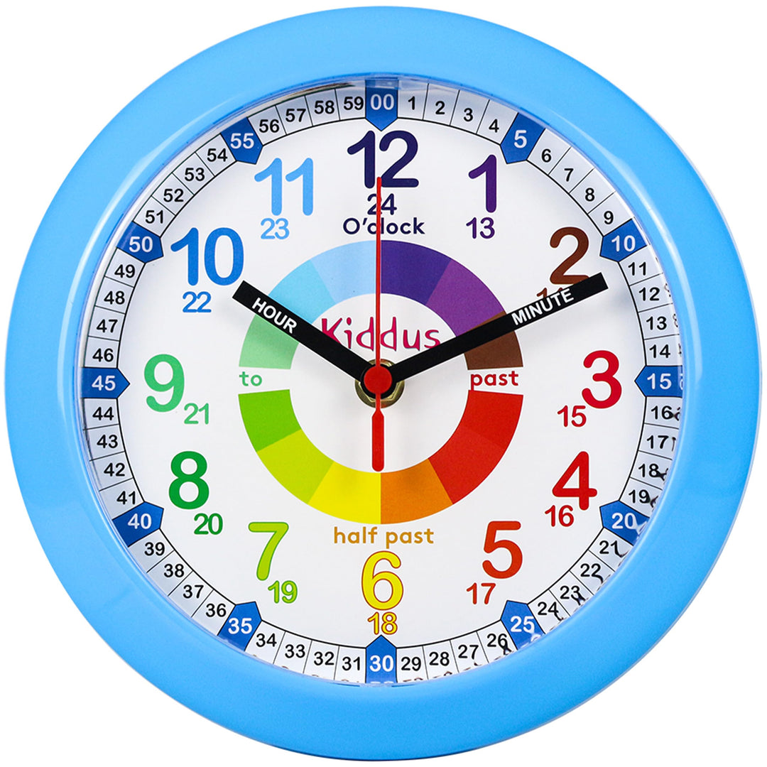 Kiddus Wanduhr für Kinder. Analoger Zeitlehrer mit Zeitlernübungen. Stilles Uhr. Viele Sprachen. Eng