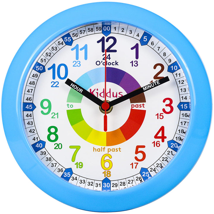 Kiddus Wanduhr für Kinder. Analoger Zeitlehrer mit Zeitlernübungen. Stilles Uhr. Viele Sprachen. Eng