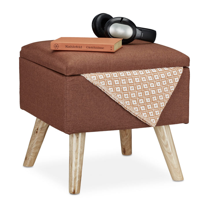 Relaxdays, braun Hocker mit Stauraum, Kunstleinen-Bezug, gepolstert, Holzbeine, Fusshocker mit Decke