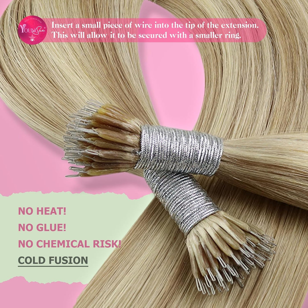 YoungSee Nanoring Extensions Echthaar 60cm Nanoring Extensions Blond mit Platinblond #18/613 Nano Ri