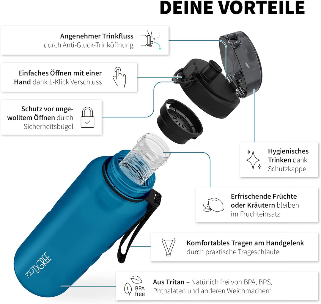 720°DGREE Trinkflasche “uberBottle“ 350ml, 500ml, 650ml, 1l softTouch +Früchtebehälter - Auslaufsich