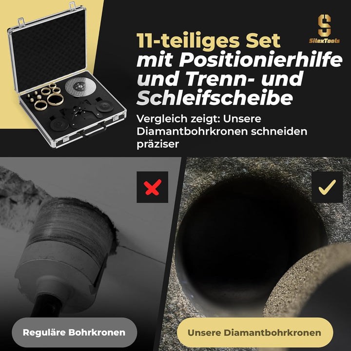 Profi Diamant Fliesenbohrer Set - 11teilig [6|8|10|14|25|30|40|50|68mm] mit Bohrkronen, Schleifschei