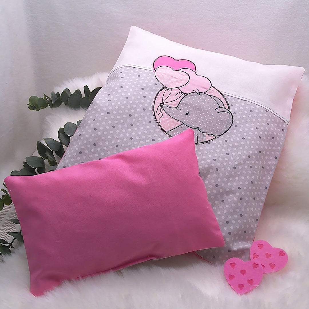 Puppenbettwäsche, 2tlg. gesticktem Elefantenkind Lotta mit Herzen Ballons Decke 40h x 32b, Kissen 16