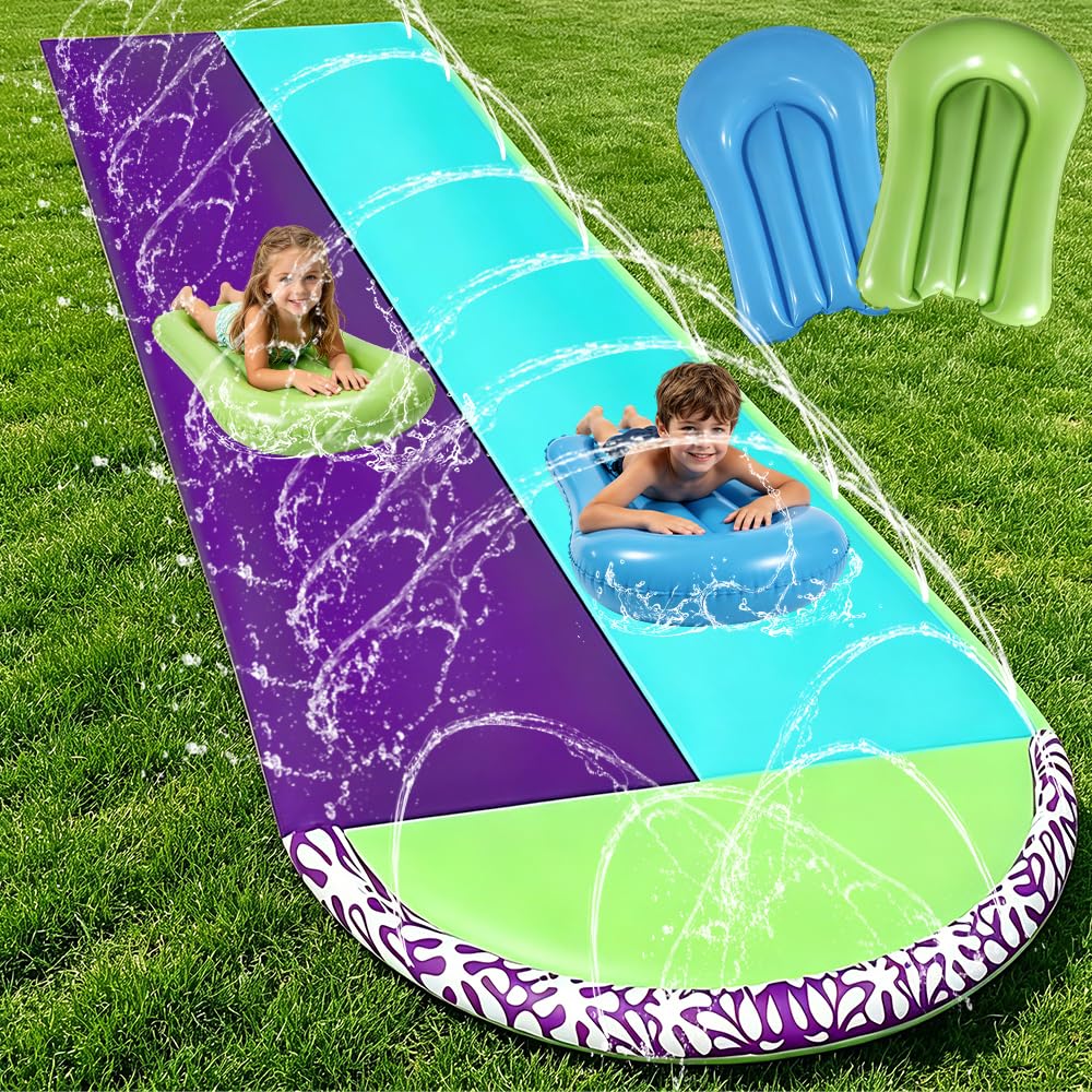 610cm Wasserrutsche Garten für Kinder, Wasserrutschmatte mit 2 Bodyboards, Doppelrutsche mit Eingeba
