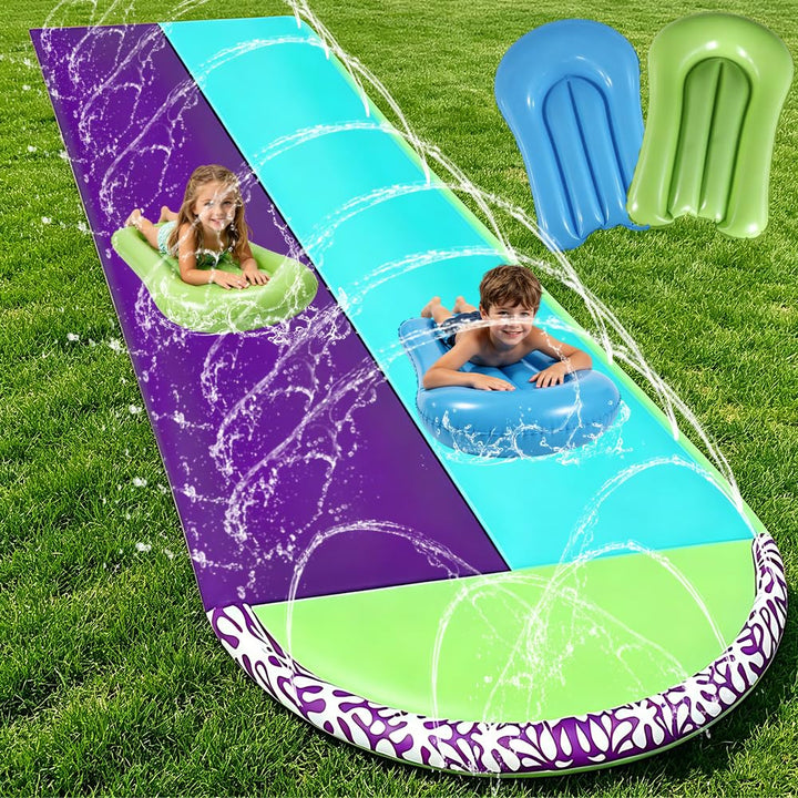 610cm Wasserrutsche Garten für Kinder, Wasserrutschmatte mit 2 Bodyboards, Doppelrutsche mit Eingeba