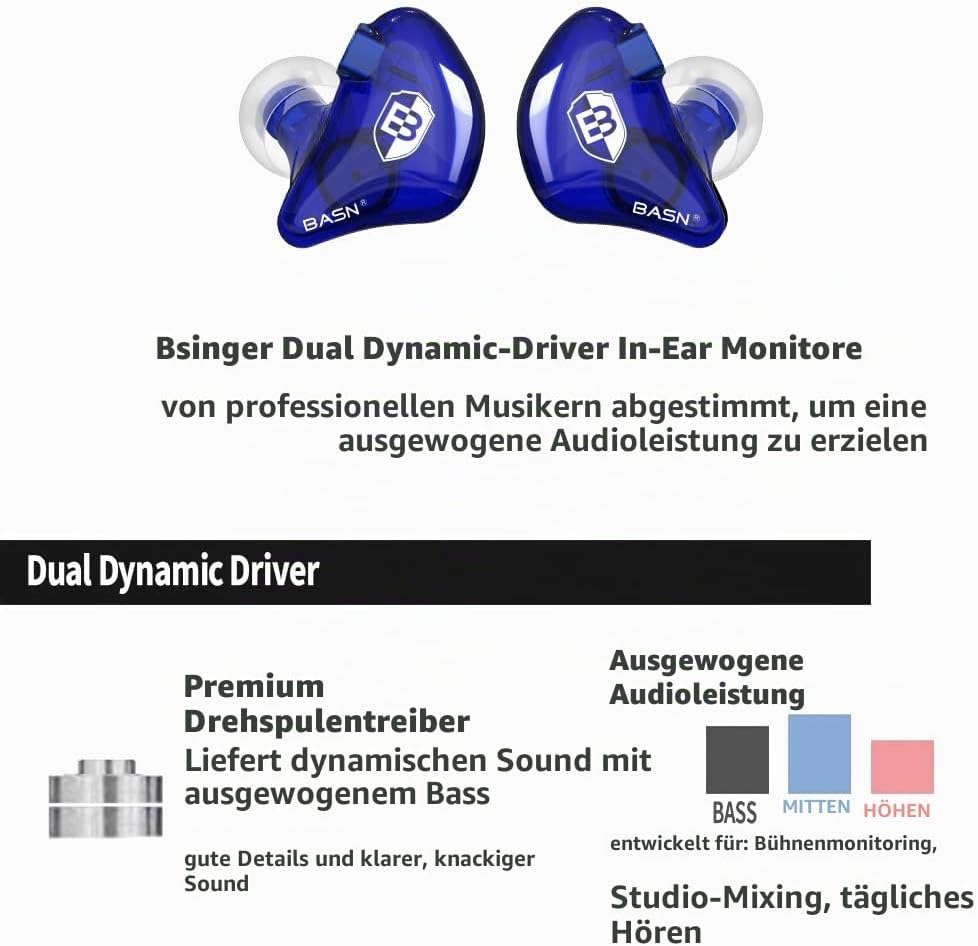 BASN Bsinger In-Ear-Monitore Geräuschisolierende Kopfhörer, Dual-dynamische Treiber High Definition
