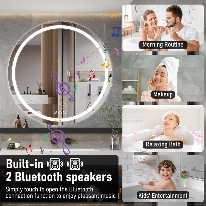 Ratsamee Runder Spiegel mit Beleuchtung, 80cm Bluetooth Badezimmerspiegel mit Beleuchtung, Wandspieg