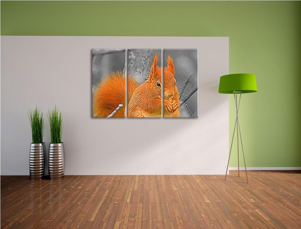 freches Eichhörnchen beim Fressen schwarz/weiss Deluxe 3-Teiler Leinwandbild 120x80 Bild auf Leinwan