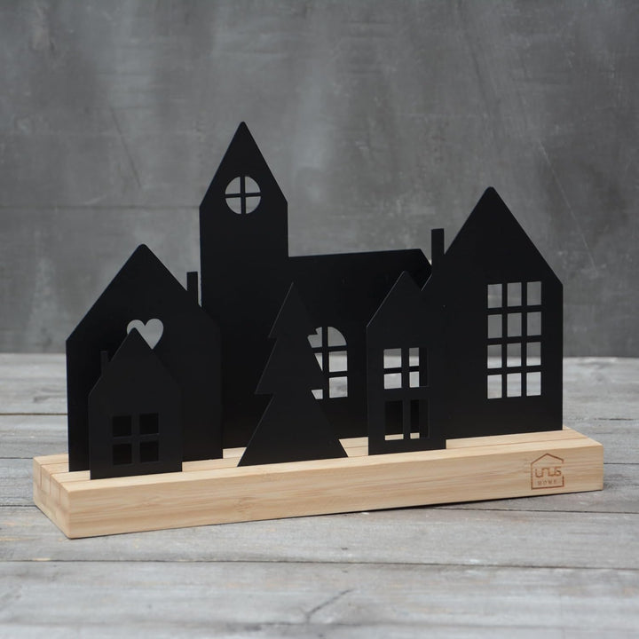 UNUS Stadt-Aufsteller - Deko-Häuser aus Holz und Metall mit Kirche und Baum - Schwarz Schwarz 4 Häus