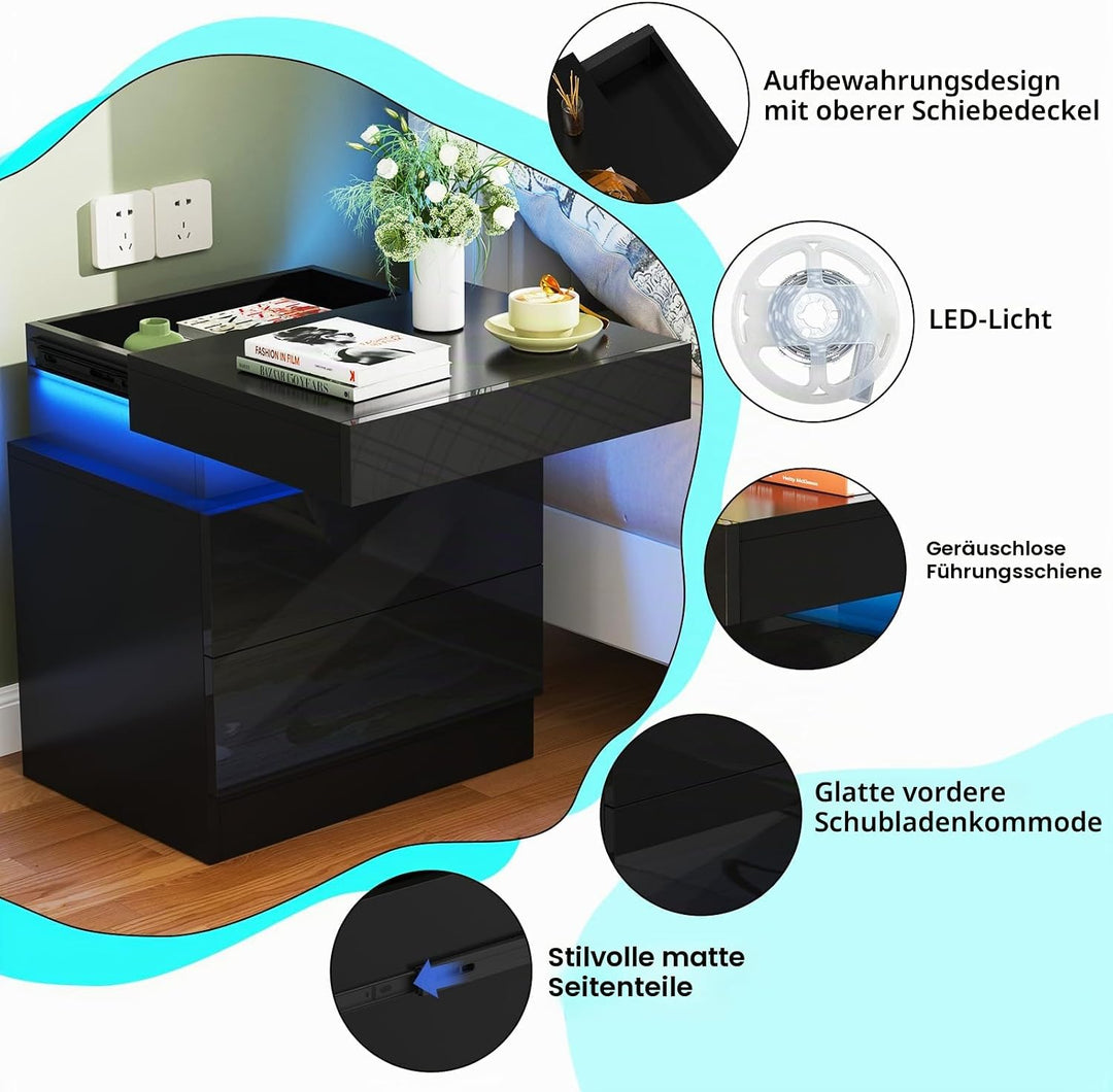 Lvhcmfohm Nachttisch Schwarz 2er Set, Nachtschrank mit Led Licht, Nachtkommode mit 2 Schubladen und