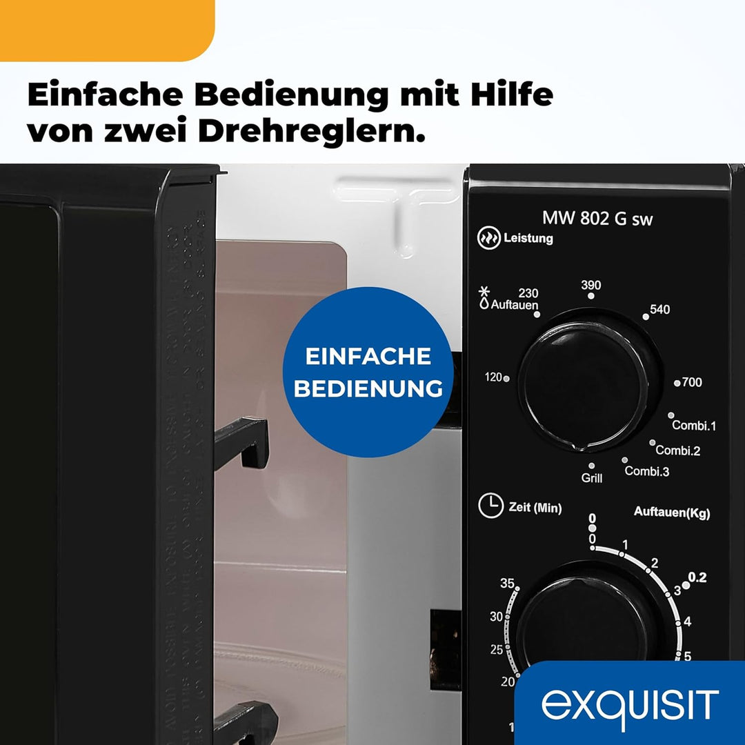 Exquisit Mikrowelle 20L, 1000 Watt Grill, 700 Watt, 25,5cm Drehteller, 5 Leistungsstufen, Timer, Auf