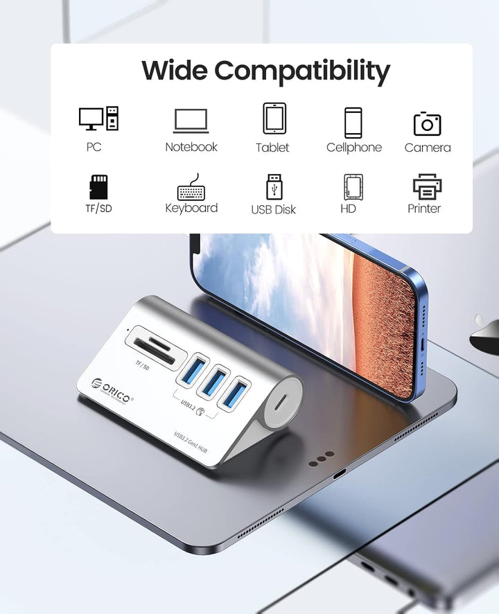 ORICO USB C Hub, USB 3.2 GEN 1 Hub mit TF/SD Kartenleser, 3 USB A Ports, 5 Gbps USB Verteiler, 0.5M