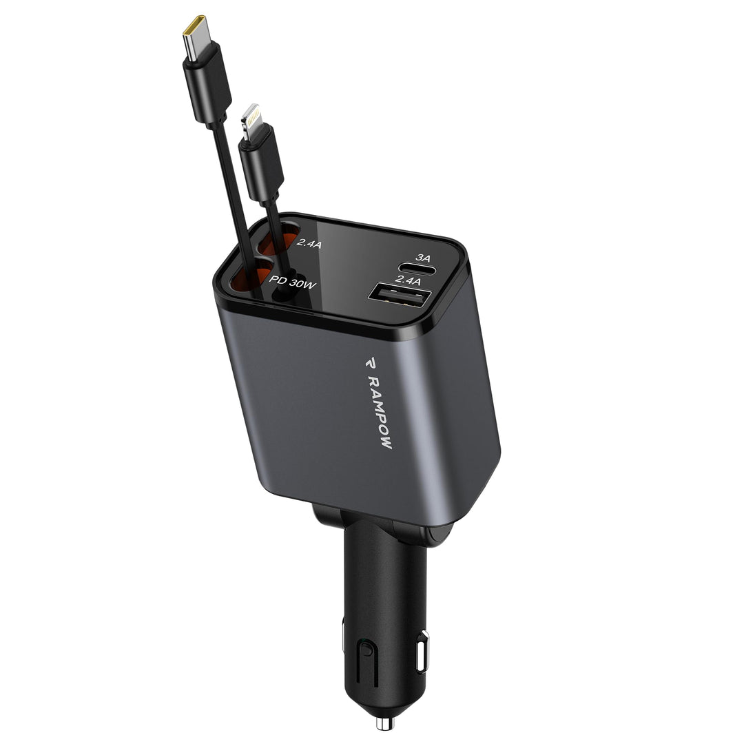 RAMPOW Einziehbares Auto Ladegerät, Autoladegerät Zigarettenanzünder,[65W 4in1] kfz ladegerät USB c,
