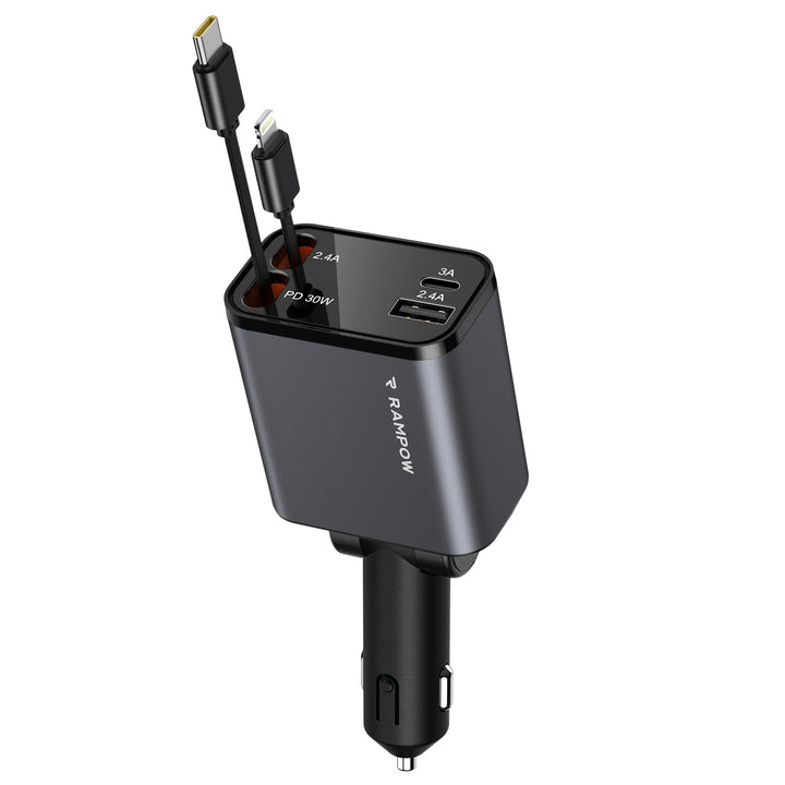 RAMPOW Einziehbares Auto Ladegerät, Autoladegerät Zigarettenanzünder,[65W 4in1] kfz ladegerät USB c,