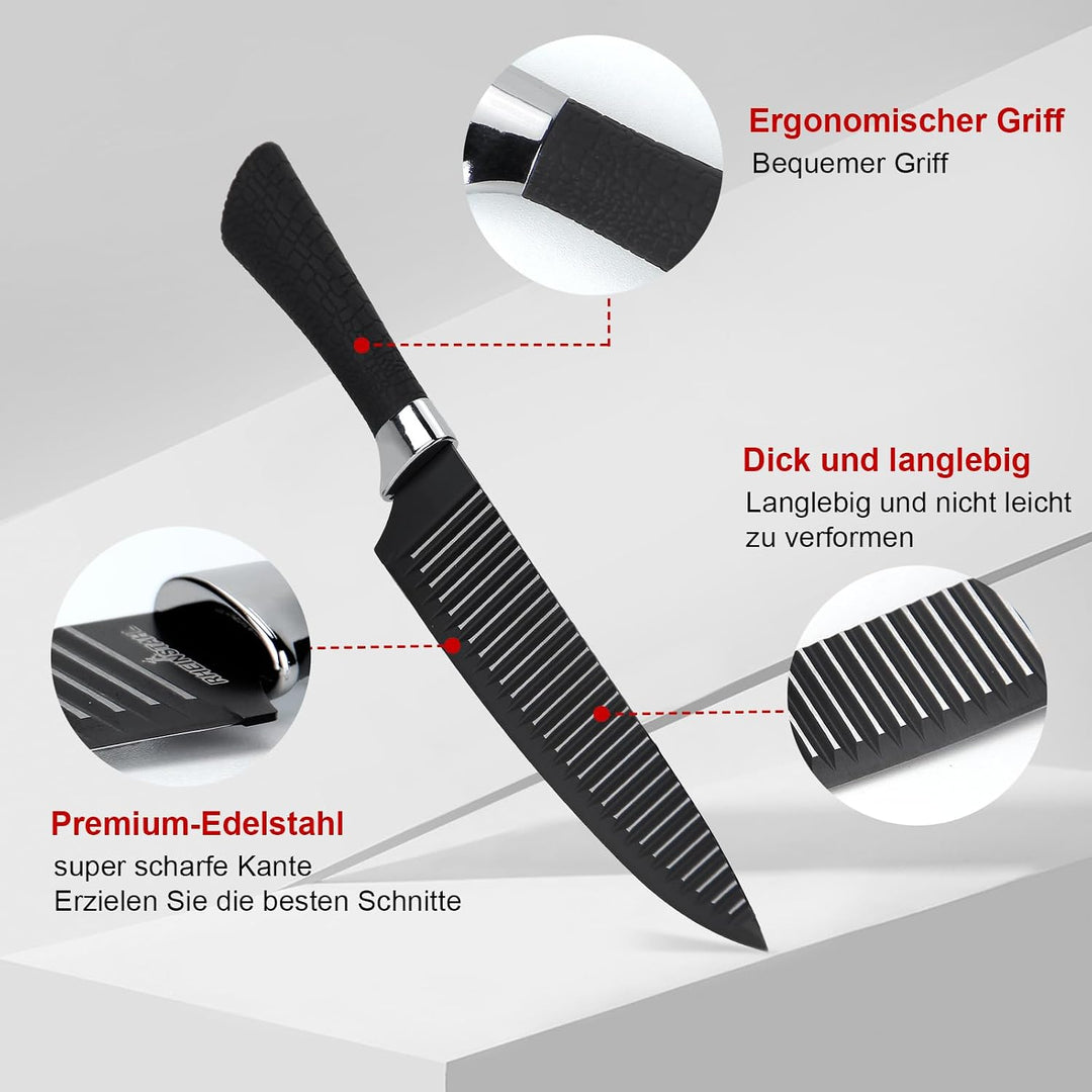 Messerset Scharf 6-teilig, Ergonomischen Küchenmesser Sets, Schwarz | Kochmesser, Brotmesser, Tranch