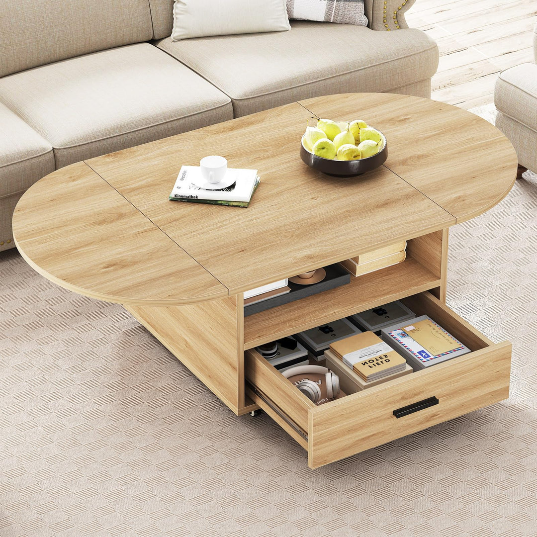 IBF Couchtisch Holz mit Stauraum Oval Klappbarer Couchtisch Wohnzimmer Tisch mit Schublade Mitteltis