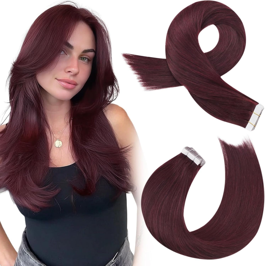Moresoo Tape Extensions Echthaar Rotwein Haarverlängerung Echthaar Extensions Tape 35 cm #99J Weinro