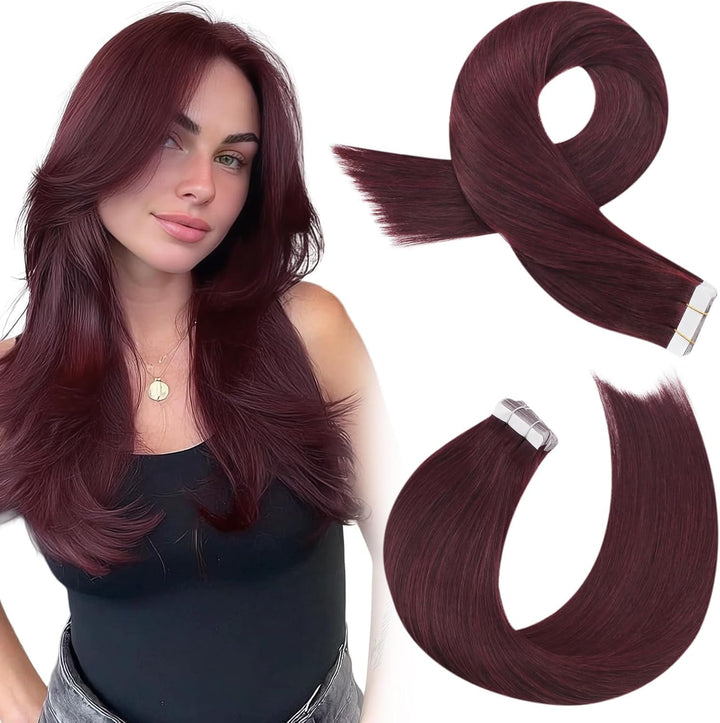 Moresoo Tape Extensions Echthaar Rotwein Haarverlängerung Echthaar Extensions Tape 35 cm #99J Weinro