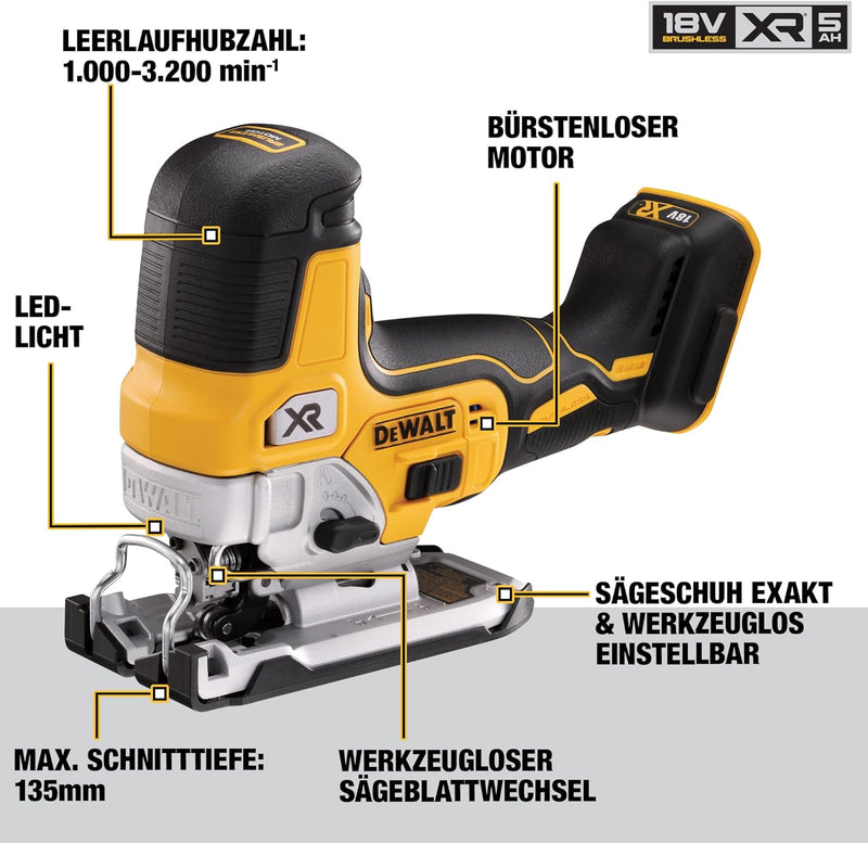 Dewalt 18V Akku-Pendelhubstichsäge DCS335NT (bürstenlos, verstellbarer Alu-Druckguss-Sägeschuh, 3-fa