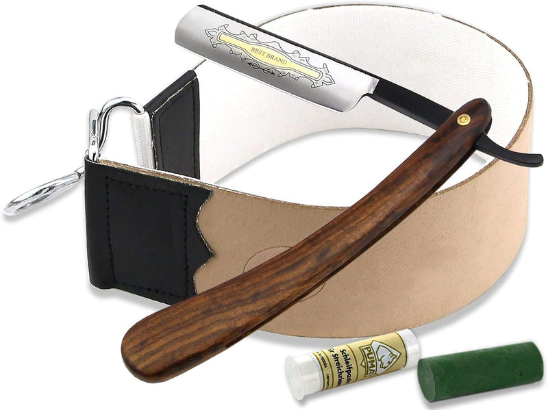 Rasiermesser-Set Rasier Set Herren Rasiermesser Holz Griff Goldätzung Schwarze Klinge mit Paste aus