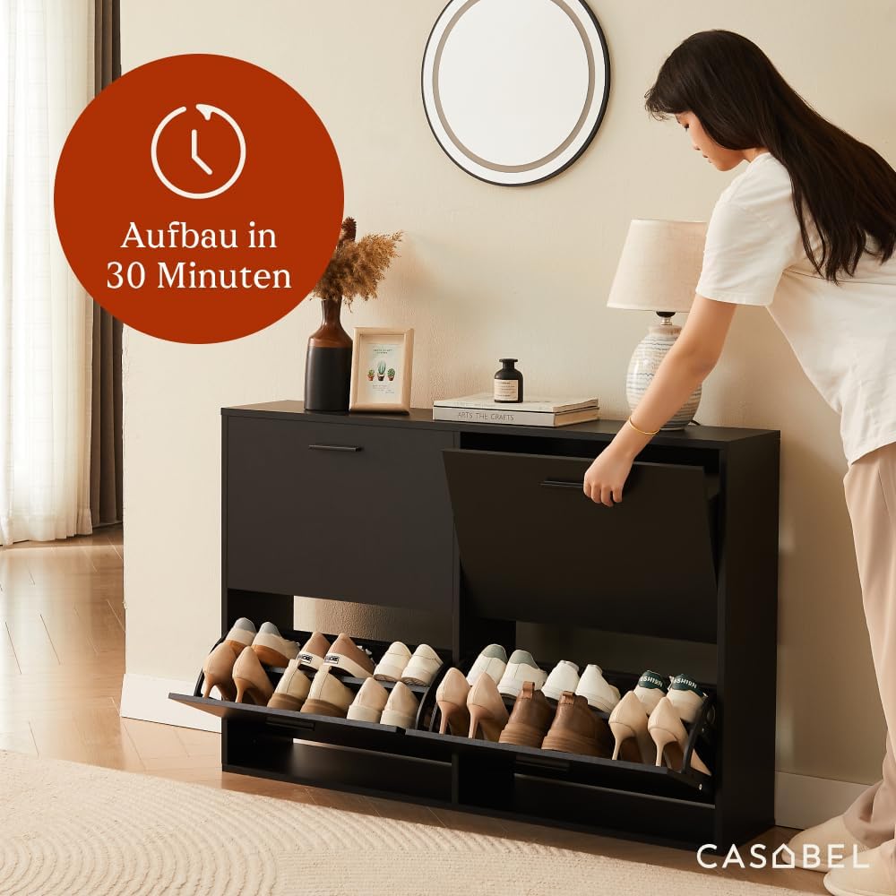 CASABEL Schuhschrank mit 4 Klappen – Schuhschrank Eingang Schwarz, Modernes Design, Grosse Kapazität