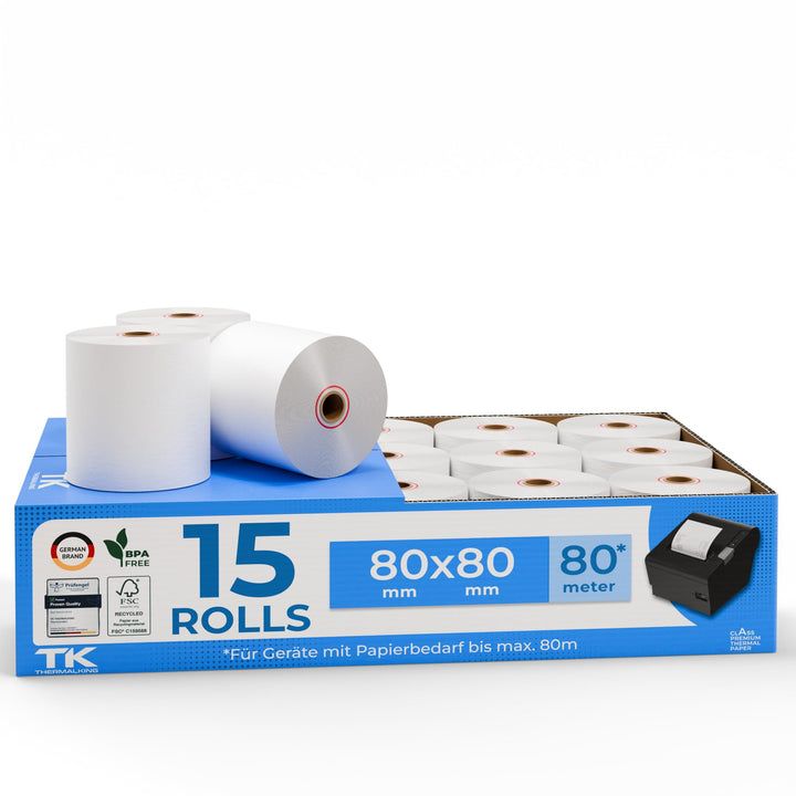 15 Stk. Premium Thermorollen 80mm x 80mm x 12mm – Thermopapier Bonrollen (80 80 12) - zertifiziert f