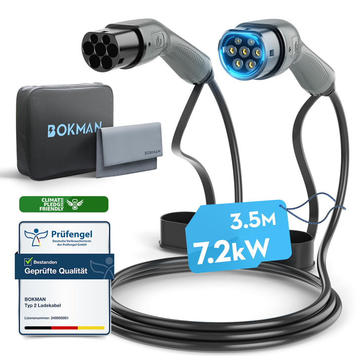 bokman Typ 2 Ladekabel, Modus 3 / 32A / 7,2 kW / 1-Phasig / 3,5 Meter, Typ 2 auf Typ 2 EV Ladekabel