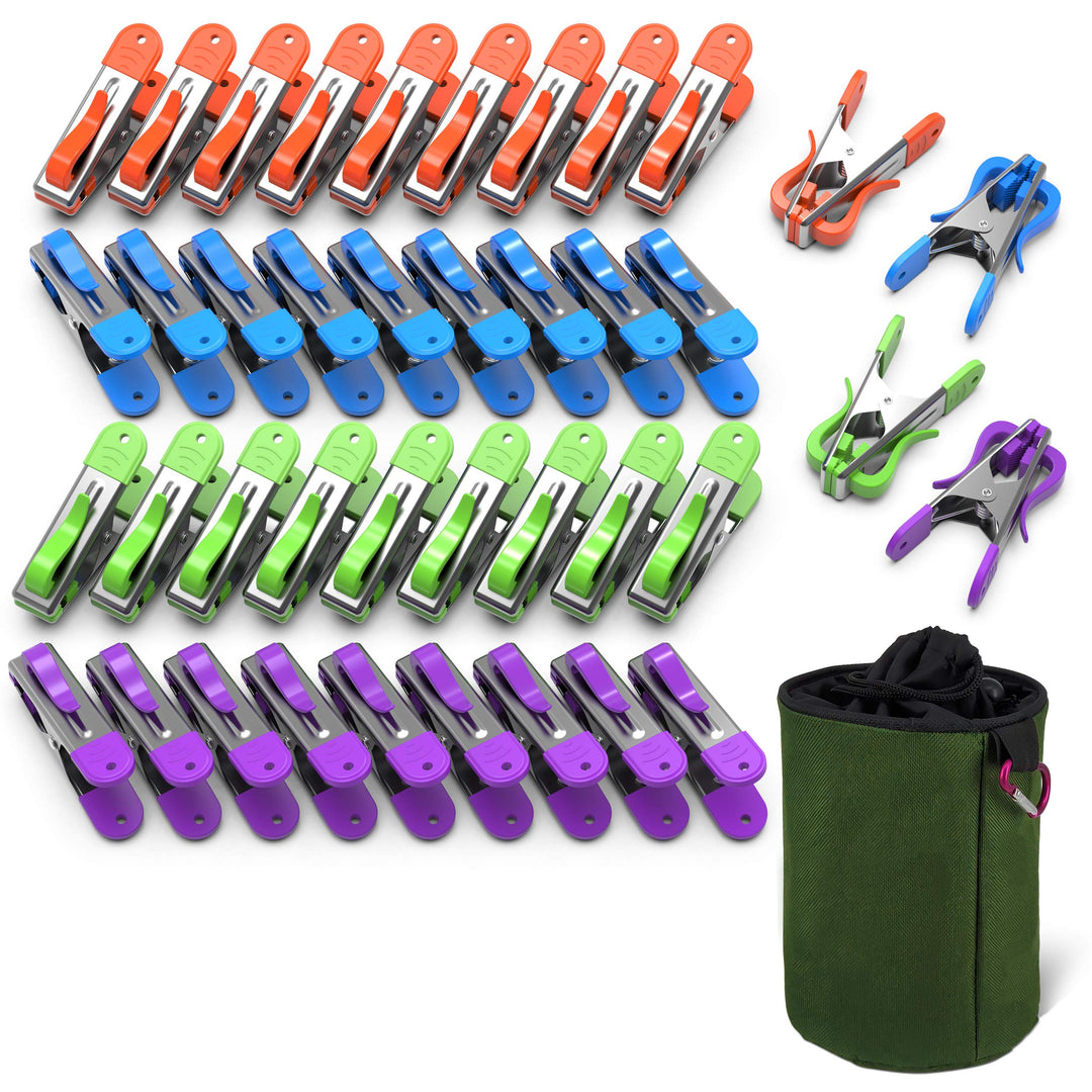 VOUNOT Wäscheklammern 40er Set, aus Edelstahl, mit Soft Grip und Haken, in 4 Farben, mit Wäscheklamm