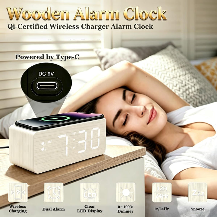 URAYCO Digitaler Wecker aus Holz, 10 W schnelle kabellose Ladestation und USB-Anschluss, mit stufenl