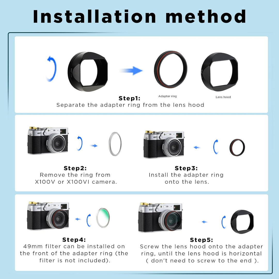 Haoge LH-X54B Metall Rechteckig Sonnenblende Gegenlichtblende mit 49mm Adapterring für Fujifilm Fuji