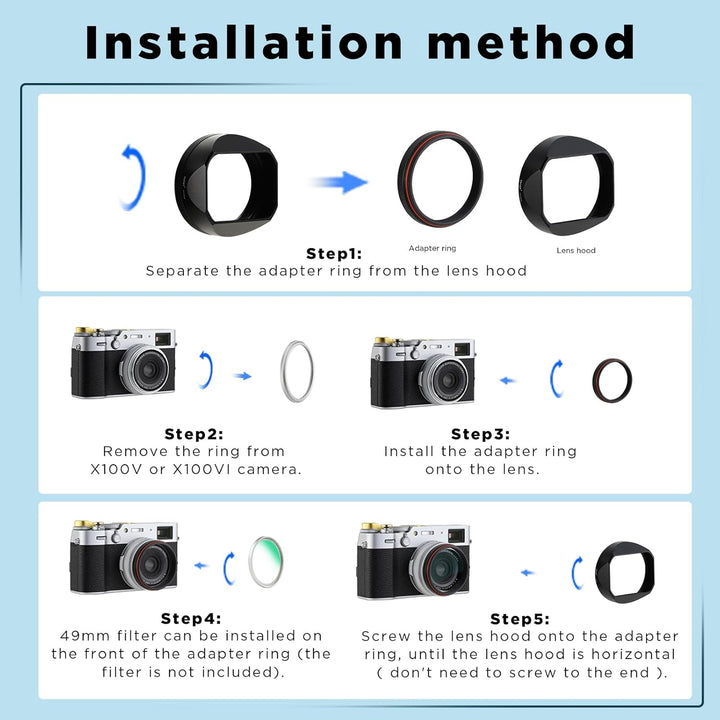 Haoge LH-X54B Metall Rechteckig Sonnenblende Gegenlichtblende mit 49mm Adapterring für Fujifilm Fuji