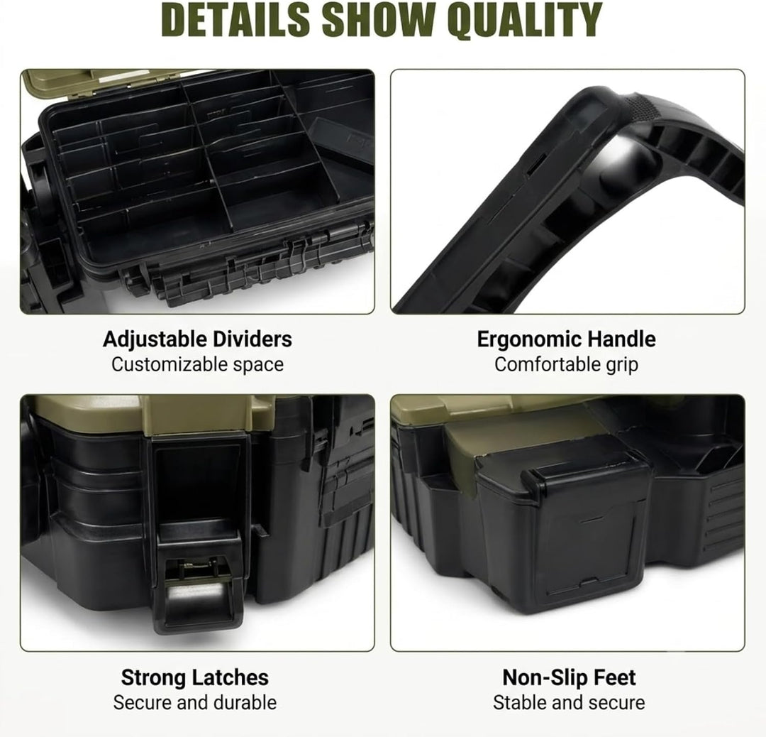 Angelkoffer Gross 2-Stöckig mit Sitzfunktion Wasserdicht Schwarz | 43×23×28cm, bis 150kg belastbar,