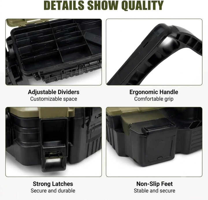 Angelkoffer Gross 2-Stöckig mit Sitzfunktion Wasserdicht Schwarz | 43×23×28cm, bis 150kg belastbar,