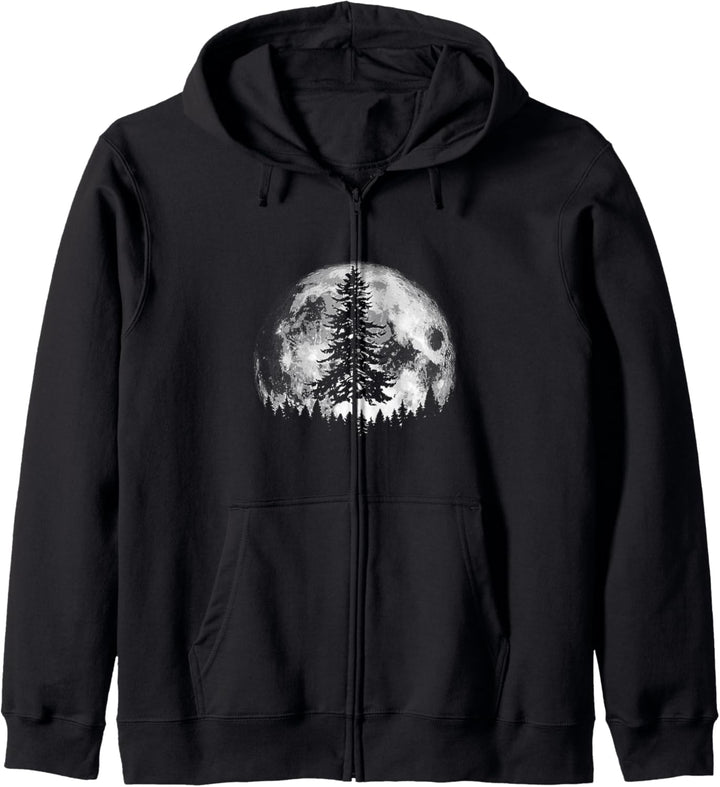 Retro Full Moon & Minimalist Pine Tree Vintage Graphic Kapuzenjacke
