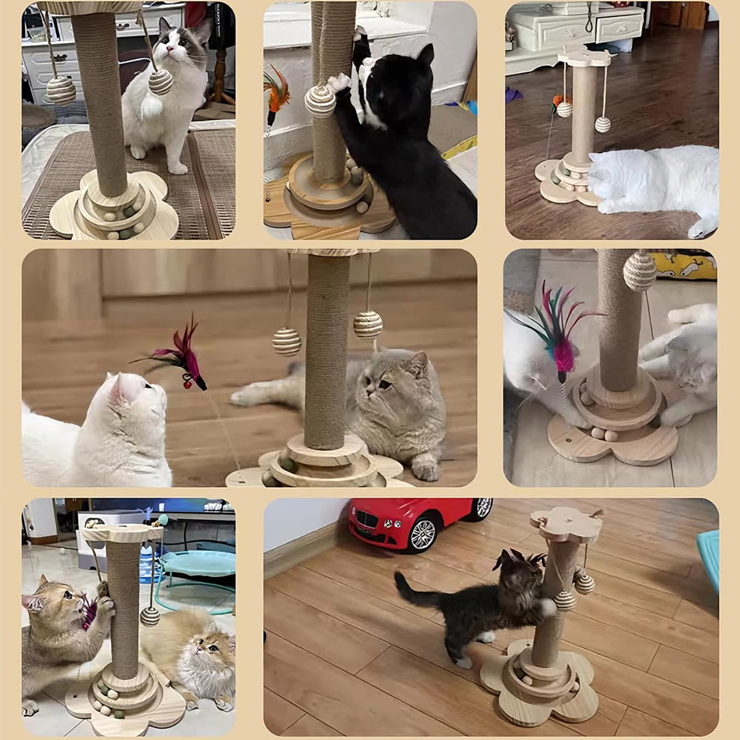 Kongming 4 in 1 Katzenspielzeug hölzernes, Katze Sisal Seil Kratzbaum mit hängenden Ball, Interaktiv