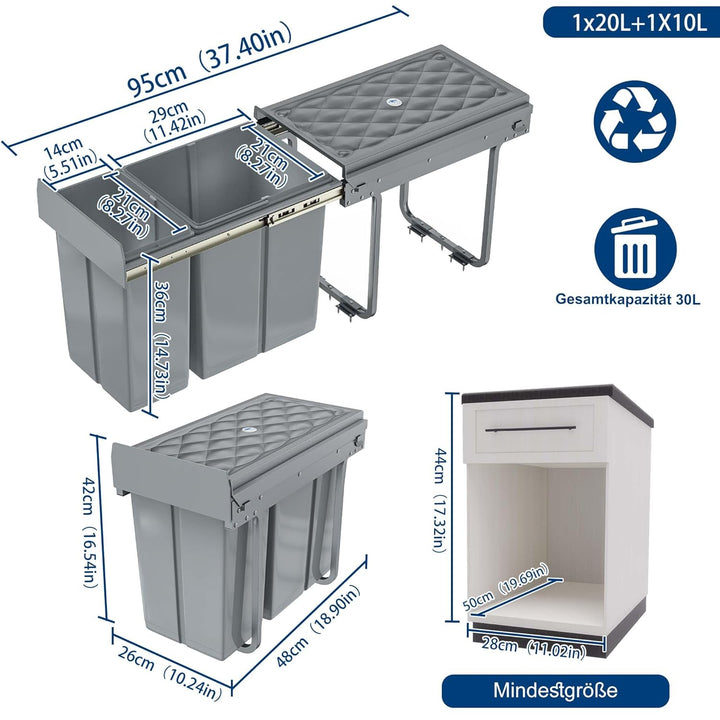 HENGMEI Einbaumülleimer Unterschrank Einbau-Mülleimer Küche Abfalleimer Ausziehbarer Abfallsammler M