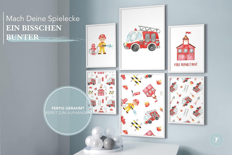 Papierschmiede® Bilder Kinderzimmer Kids Mood Poster Set Feuerwehr, Gerahmte Bilder fürs Kinderzimme