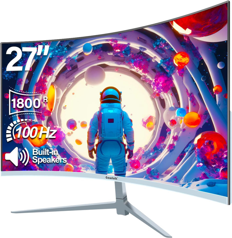 Gawfolk Curved Monitor 27 Zoll 100Hz mit Lautsprecher, 1800R Gebogen PC Bildschirm FHD 1080P, Weiss