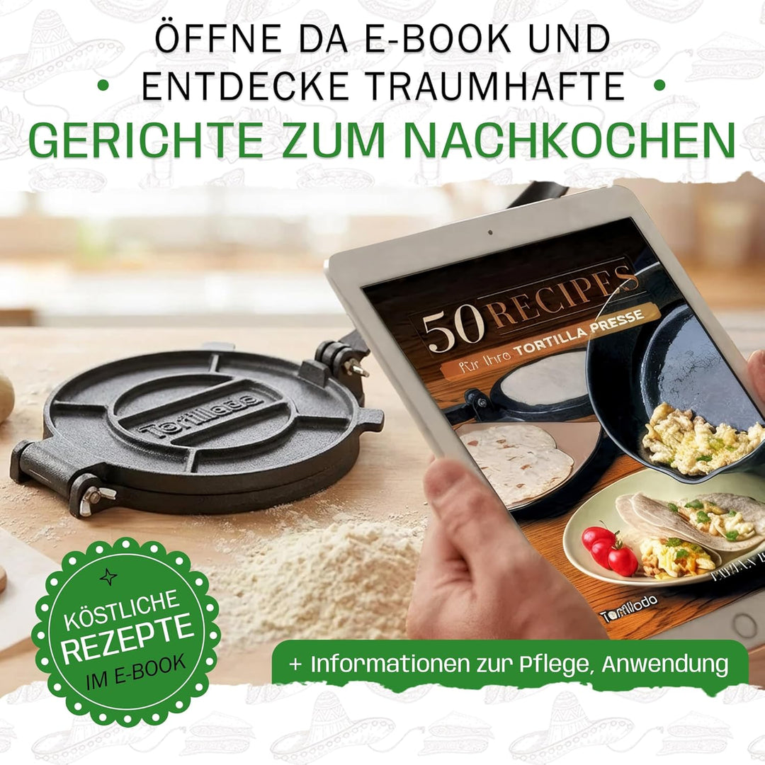 Tortillada - Premium Tortillapresse aus Gusseisen mit Rezepten (30 cm) 12 Inch